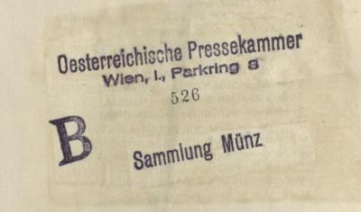 Au 1000: Neu-Österreich, das Werk des Friedens von St. Germain : Seine Kultur, Bodenschätze, Wirtschaftsleben u. Landschaftsbilder (1923);G93 / 1603 (Österreichische Pressekammer;Münz, Sigmund), Stempel: Exemplarnummer; '526'. 