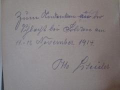 - (unbekannt;[...]euler[?], Otto), Von Hand: Widmung, Datum, Ortsangabe; 'Zum Andenken an der Schlacht bei Soldau am 11.-12. November 1914. Otto [...]euler'. 