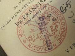 - (Tschechoslowakei. Konsulat (Kattowitz)), Stempel: Name, Wappen; 'Konsulát Republiky Československé Katovice'.  (Prototyp)