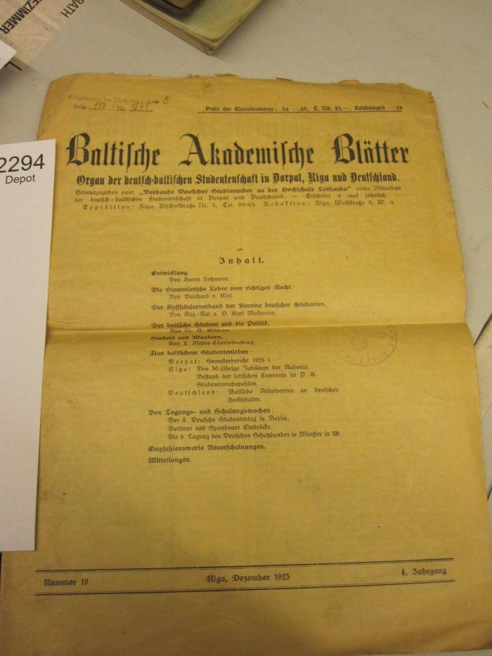  Baltische Akademische Blätter : Organ der deutsch-baltischen Studentenschaft in dorpat, Riga und Deutschland (1925)