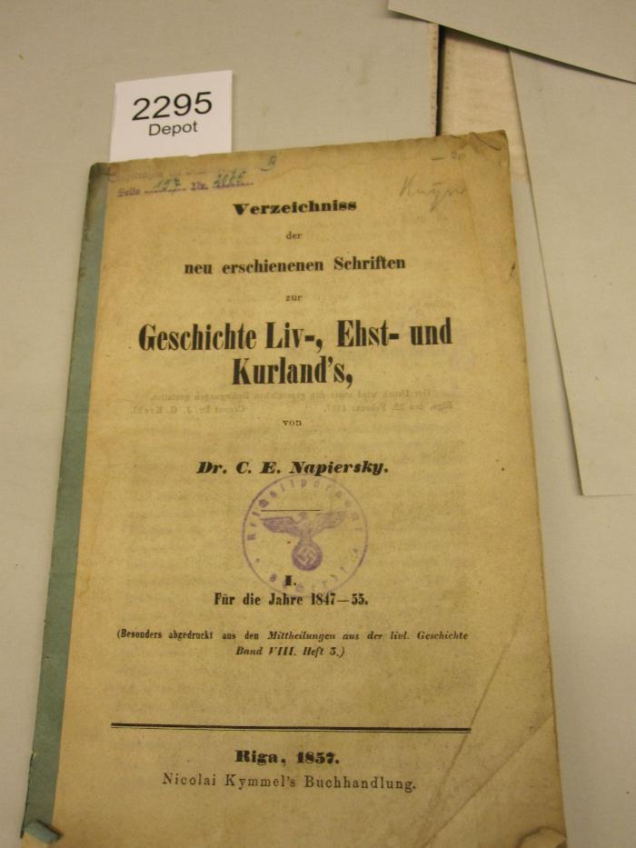  Verzeichniss der neu erschienenen Schriften zur Geschichte Liv, Ehst- und Kurland's (1857)