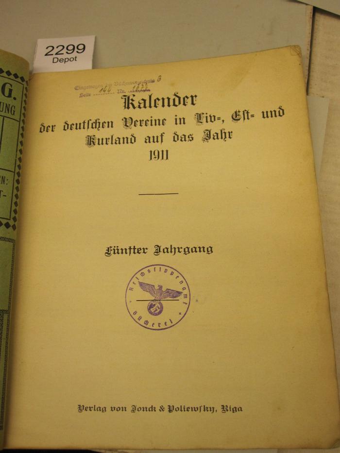  Kalender der deutschen Vereine in Liv- Est- und Kurland auf das Jahr 1911 (1911)