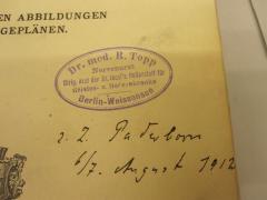 - (Topp, Rudolf), Stempel: -, Ortsangabe, Datum; 'Dr. med. R. Topp Nervenarzt Dirig. Arzt der St. Josef's Heilanstalt für Geistes- und Nervenkranke  Berlin-Weissensee
[z.Zt. Paderborn 6/7. August 1912]'. 