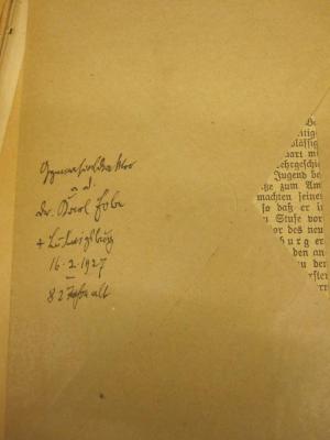  Ludwigsburger Familien-Namen : Eine sprachlich-geschichtliche Untersuchung (1901);- (Stapf, Alfred;Verein der Württemberger zu Berlin), Post: Name, Ortsangabe; 'Verein der Württemberger zu Berlin
Eingetragener Verein
Geschäftsstelle: SW 48 Friedrichstr. 4

Herrn Baurat Alfred Stapf
W 35
Lützowstr. 62'. ;- (Stapf, Alfred;Erbe, Karl), Von Hand: Name, Ortsangabe, Datum, Notiz; 'Gymnasialdirektor a.d. Dr. Karl Erbe + Ludwigsburg 16.2.1927 - 82 Jahre alt'. 