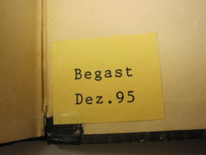 Ao 1761: Leitfaden der Geschichte Mecklenburgs (1861);- (Zentral- und Landesbibliothek Berlin), Etikett: Buchbinder, Datum; 'Begast Dez. 95'.  (Prototyp)