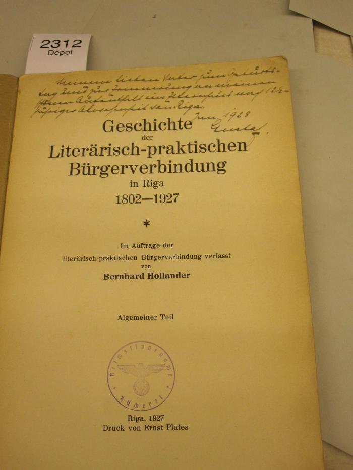  Geschichte der Literärisch-praktischen Bürgerverbindung in Riga 1802 - 1927 (1927)