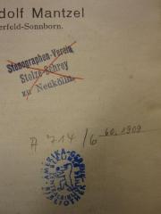 - (Stenographen-Verein Stolze Schrey zu Neukölln), Stempel: Name, Ortsangabe; 'Stenographen-Verein, Stolze Schrey zu Neukölln'. 