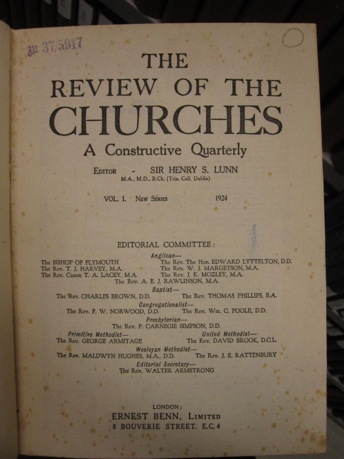 ZA 2652: The Review of the Churches : New Series (1924-30)