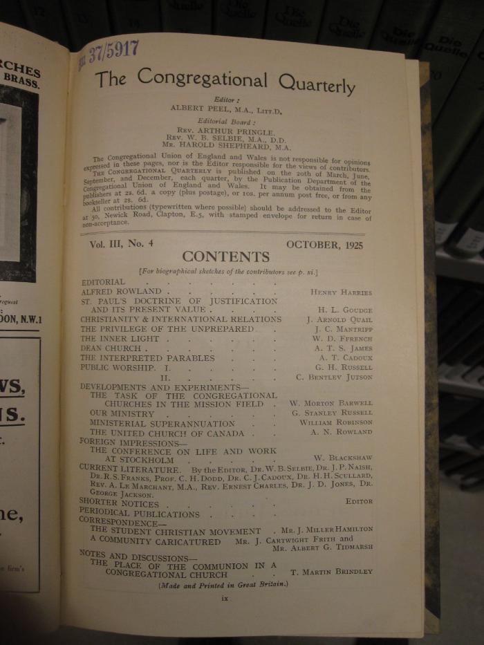ZA 2656: The Congregational Quarterly (1925)
