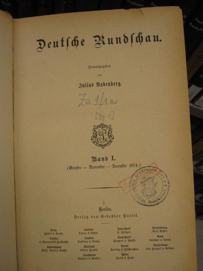 ZA;A 2881;15/3 ;1.1/1874/75: Deutsche Rundschau (1874-88)