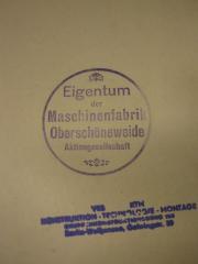 - (VEB KTM), Stempel: Name, Ortsangabe; 'VEB KTM 
Konstruktion - Technologie - Montage
Gruppenkonstruktionsbüro 103
Berlin-Weißensee Gehringstr. 39'. 