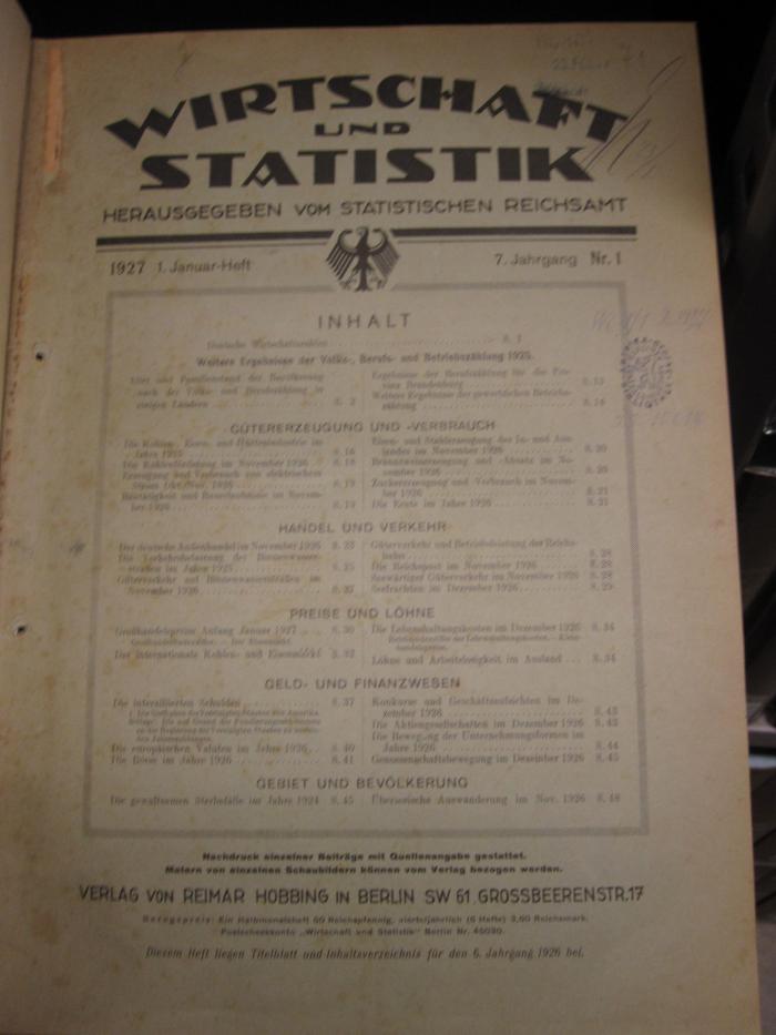 ZB;Wi 2418;1/1 ;7.1927: Wirtschaft und Statistik (1927)