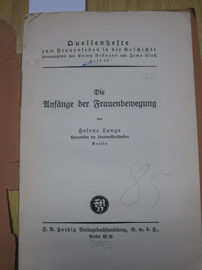 FrFr 67: Die Anfänge der Frauenbewegung ([1927]);G48 / 2321 (unbekannt), Von Hand: Datum; '26.2.'. 