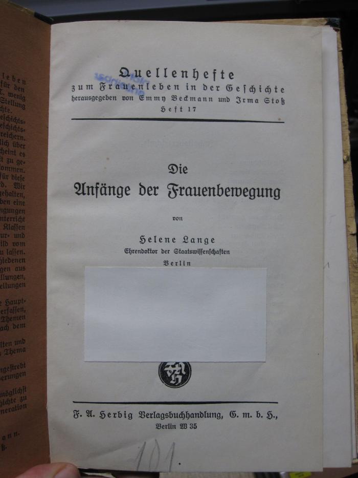 FrFr 67 a: Die Anfänge der Frauenbewegung. (1927)