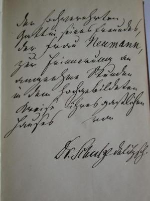 Cm 5588 b: Wanderbuch. Ein Gedicht in Scenen und Liedern. (1859);J / 1351 (Neumann, [?]), Von Hand: Widmung; 'Der hochverehrten Gattin seines Freundes , der[?] Frau Neumann, zur Erinnerung an angenehme Stunden in dem hochgebildeten Kreise ihres [christ]lichen Hauses von Dr. Schulze [...]")'. 