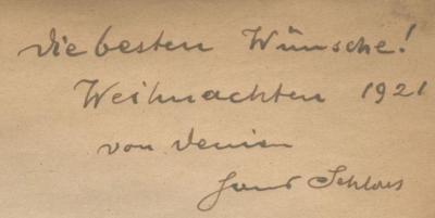 Bi 879: Das Badener Buch ([1918]);J / 1300 (Schlais[?], Hans[?]), Von Hand: Widmung, Name, Datum; 'Die beste Wünsche! Weihnachten 1921 von deinem Hans Schlais'. 