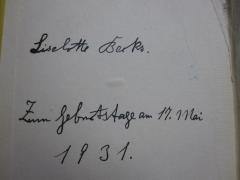 G45II / 1970 (Becks, Liselotte), Von Hand: Name, Datum, Widmung; 'Liselotte Becks
Zum Geburtstag am 17. Mai 1931'. 