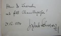 J / 1739 (Lewinsohn, [?];Schwersenz, Jizchak), Von Hand: Name, Berufsangabe/Titel/Branche, Datum, Widmung; 'Herrn Dr. Lewinsohn 
mit frdl. Chanukagrüßen!
24.12.1940 Jizchak Schwersenz'. 