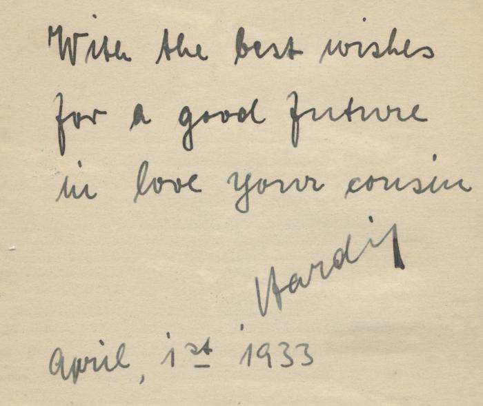 Mr 111: We by Charles A. Lindberg (1928);J / 1154 (Hardy), Von Hand: Widmung; 'With the best wishes for a good future in love your cousin 
Hardy
April, 1st 1933'. 