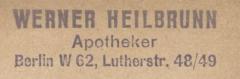 J / 1918 (Heilbrunn, Werner), Stempel: Name, Ortsangabe; 'Werner Heilbrunn
Apotheker
Berlin W 62, Lutherstr. 48/49'. 