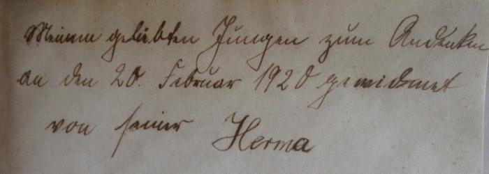 Cm 5593: Zwischen Tal und Berg der Welle : Neue Gedichte (1917);J / 1352 ([?], Herma), Von Hand: Name, Datum, Widmung; 'Meinem geliebten Jungen zum Andenken an den 20. Februar 1920 gewidmet von seiner Herma'. 