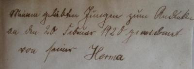 Cm 5593: Zwischen Tal und Berg der Welle : Neue Gedichte (1917);J / 1352 ([?], Herma), Von Hand: Name, Datum, Widmung; 'Meinem geliebten Jungen zum Andenken an den 20. Februar 1920 gewidmet von seiner Herma'. 