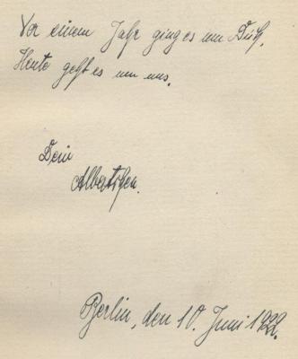 Ct 1259: Themidore oder von mir und meiner kleinen Freundin (1921);J / 793 ([?], Albert), Von Hand: Widmung; 'Vor einem Jahr ging es um Dich. Heute geht es um uns. Dein Albertchen[?]. Berlin, den 10. Juni 1922.'. 