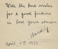 J / 1154 (Hardy), Von Hand: Widmung; 'With the best wishes for a good future in love your cousin 
Hardy
April, 1st 1933'. 