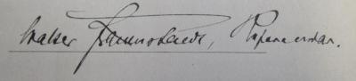 Ei 819: Fünfzehn Vorträge aus der Brandenburgisch-Preußischen Rechts- und Staatsgeschichte (1889);J / 75 (Frauenstaedt, Walter), Von Hand: Autogramm, Name, Berufsangabe/Titel/Branche; 'Walter Frauenstaedt, Referandar.'. 