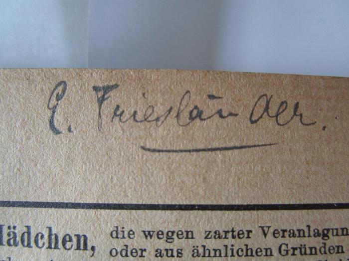 J / 55 (Friesländer, E.), Von Hand: Autogramm, Name; 'E. Friesländer.'. ;FrFr 55 1914: Jahrbuch der Frauenbewegung 1914 (1914)