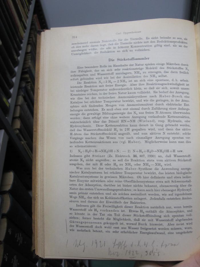 Kd 393: Chemie der Zellvorgänge (1931);G46 / 2068 (Neuberg, Carl), Von Hand: Annotation; '[...]. 1921 [...] K. W. G. [....] [...] 1922, 3655'. 