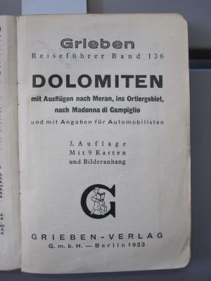 Bi 852 c: Dolomiten : mit Ausflügen nach Meran, ins Ortlergebiet, nach Madonna di Campiglio und mit Angaben für Automobilisten (1933)
