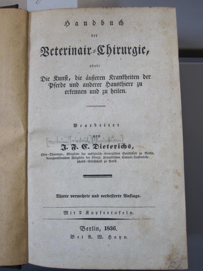 Kp 354 d: Handbuch der Veterinär-Chirurgie (1836)