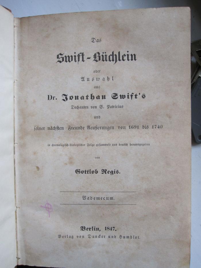 Cq 1872: Das Swift-Büchlein oder Auswahl aus [...] (1847)