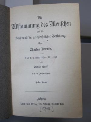 Kg 1277 1: Die Abstammung des Menschen und die Zuchtwahl in geschlechter Beziehung ([1894])