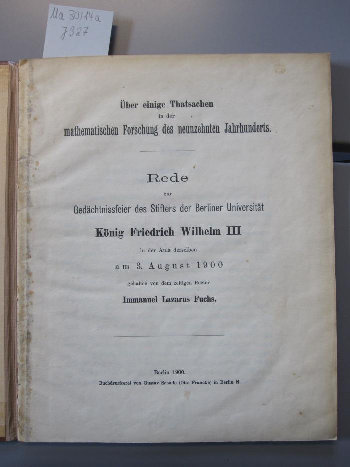 Ma 30 14a: Rede zur Gedächtnissfeier des Stifters der Berliner Universität ... (1900)