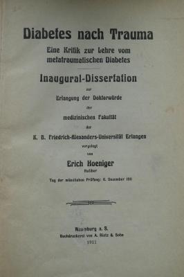 Kk 743: Diabetes nach Trauma : eine Kritik zur Lehre vom metatraumatischen Diabetes (1911)
