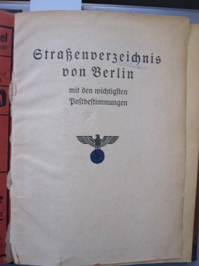 Bk 827 1938: Straßenverzeichnis von Berlin mit den wichtigsten Postbestimmungen (1938)