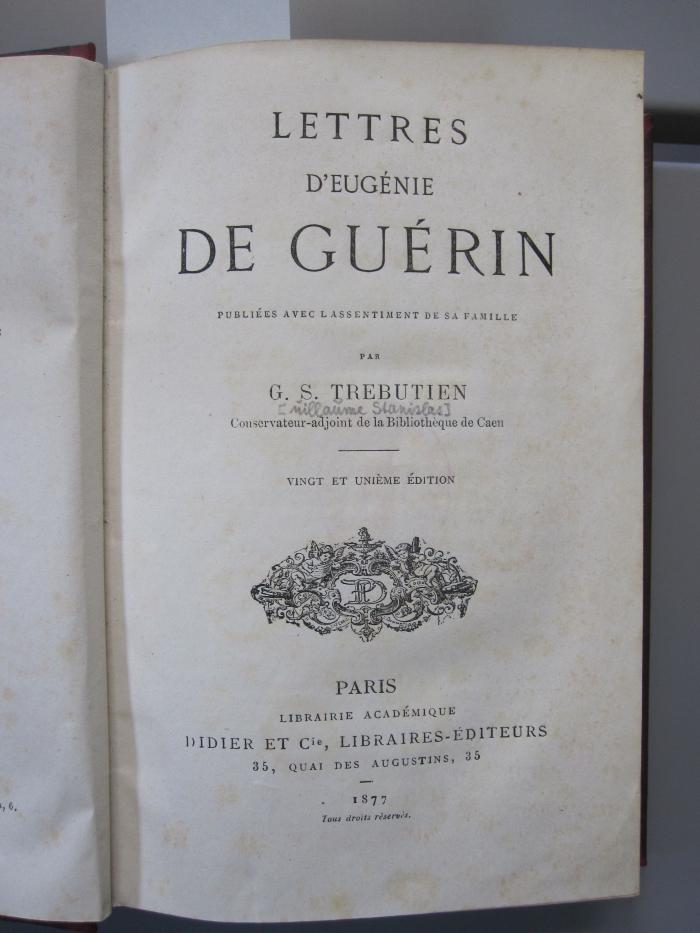 Cs 411 ba: Lettres d'eugénie de guérin : publiées avec l'assentiment de sa famille (1877)