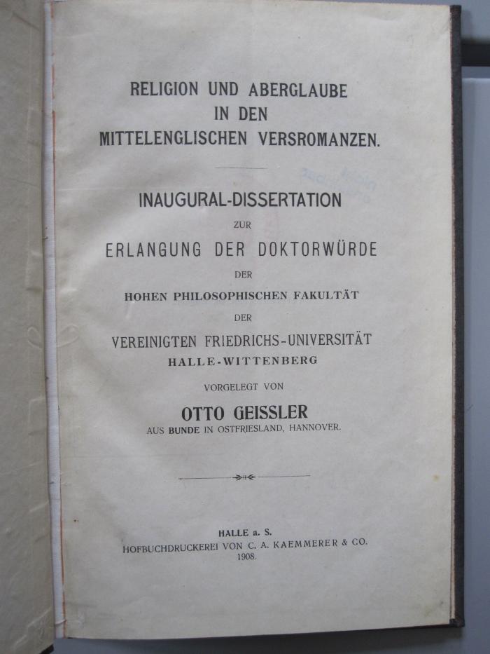Cp 461: Religion und Aberglaube in den mittelenglischen Versromanzen (1908)