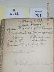 - (Schlesinger, Charlotte geb. Freund;Religionsschule der Synagogengemeinde Beuthen;Rosenbaum, S. ;Galliner, Julius), Von Hand: Name, Ortsangabe, Datum, Widmung; 'Der Schülerin der III. Klasse Charlotte Freund für Ihren Fleiß und ihr gutes Betragen. Religionsschule der Synagogengemeinschaft. Dr. Galliner Leiter der Schule  S. Rosenbaum Klassenlehrer. Beuthen O./S. v. 8. April 1908'. 