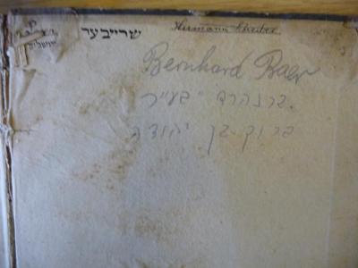 - (Schreiber, Hermann), Von Hand: Autogramm; 'Hermann Schreiber
שרייבער
[Schreiber]
Bernhard Baer
בערנהרד "בעייר
[Bernhard Baer]
ברוך בן יהודה  
[Barukh ben Yehuda]

(oben links)
Posen
ירושלים [Jerusalem]'. 