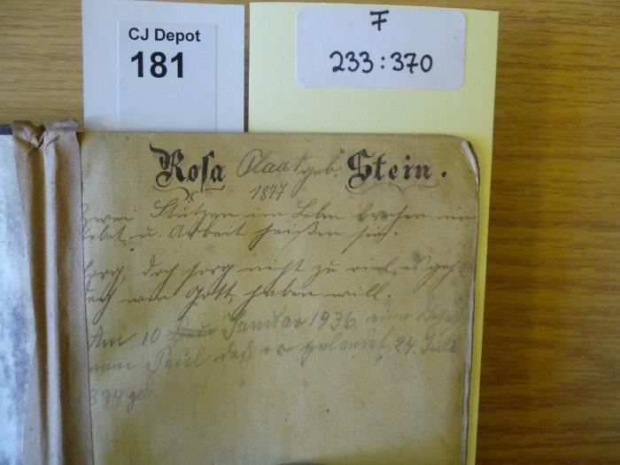 - (Plaut, Rosa;Plaut, Paul), Von Hand: Notiz; 'Am 10. Januar 1936 eine Depesche von Paul daß er gelandet; 24. Juli 1894 geb.'. 