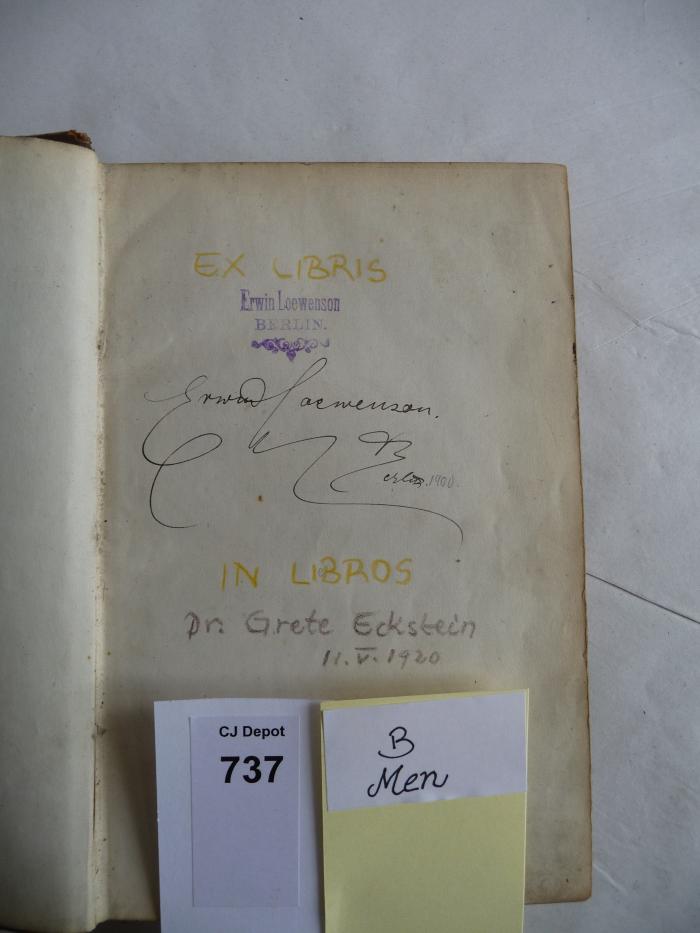 - (Eckstein, Grete;Loewenson, Erwin), Von Hand: Autogramm; 'Erwin Loewenson Berlin 1900'. 