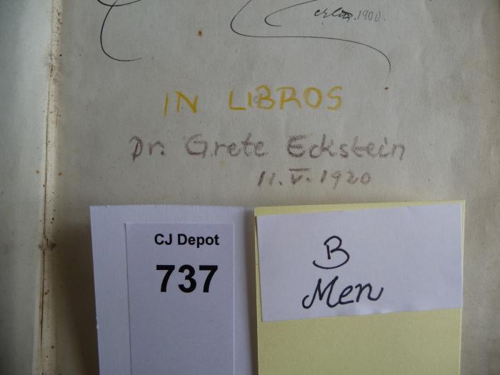 - (Eckstein, Grete;Loewenson, Erwin), Von Hand: Exlibris; 'Dr. Grete Eckstein 11.V.1920'. 