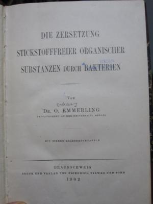 Kd 395: Die Zersetzung stickstoffreier organischer Substanzen durch Bakterien (1902)