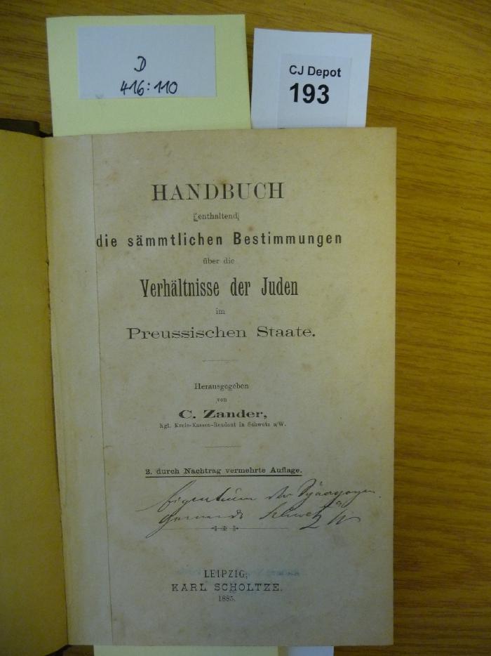 D 416 110: Handbuch enthaltend die sämmtlichen Bestimmungen über die Verhältnisse der Juden im Preussischen Staate (1885)