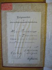 - (Kuttner, Hans), Etikett: Widmung; 'Religionsschule der jüdischen Religionsgemeinde Charlottenburg
Hans Kuttner, Schüler der III. Klasse erhält diese Prämie als Zeichen der Anerkennung seines Fleisses und Wohlverhaltens. 
Charlottenburg, den 1.4.1905
Dirigent Dr. Galliner, Ordinarius Nathaniel (Ordnarius), Feilchenfeld (Vorstand der jüd. Religionsgemeinde)
'. 