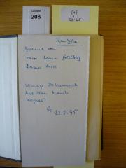 - (Bachmann, Hans Carl), Papier: Notiz; 'Frau Gerke
Geschenk von Herrn Erwin Goldberg
Buenos Aires
Wichtige Dokumente hat Frau Hank kopiert.
Si[mon] 22.5.95'. 