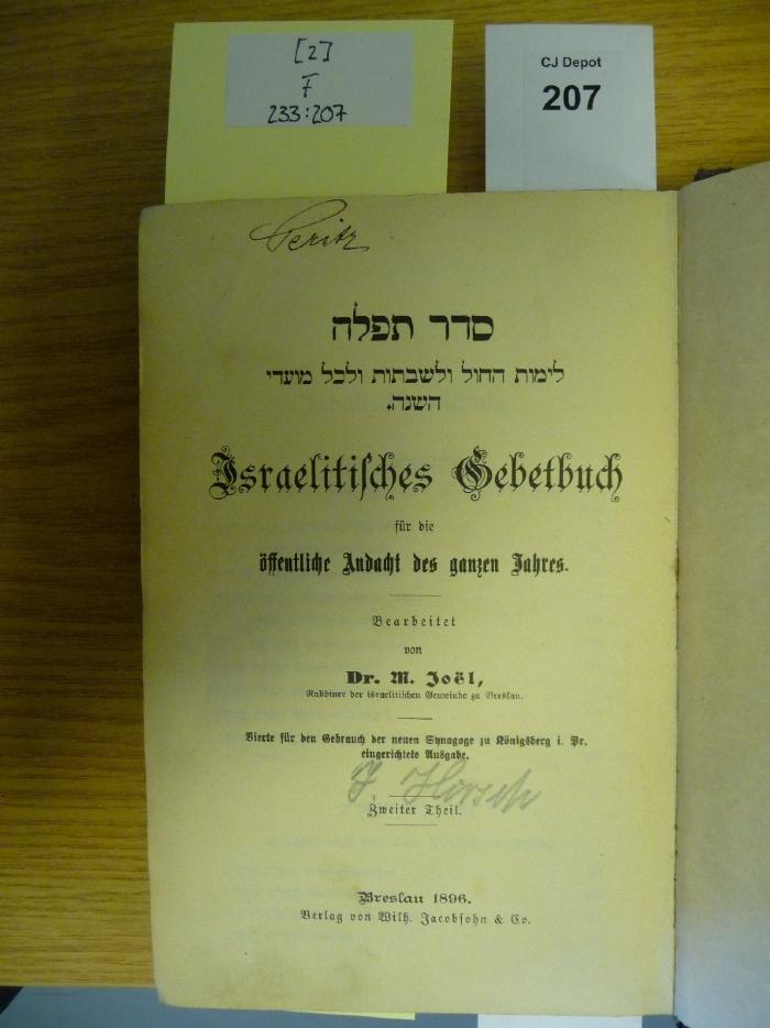 F 233 207 [2]: Israelitisches Gebetbuch für die öffentliche Andacht des ganzen Jahres. 2. Theil (1896)